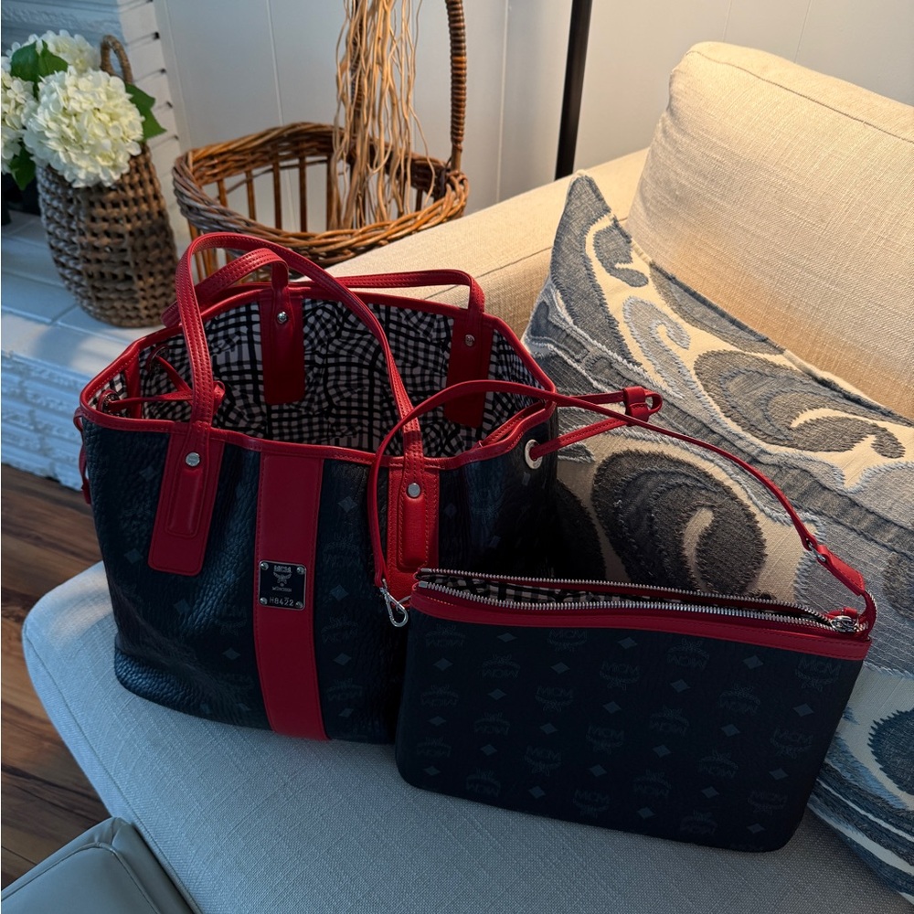 MCM Black and Red Tote Bag with Pouch